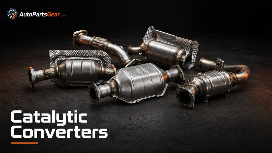 Unbranded automotive catalytic converters replacement parts on a dark studio background