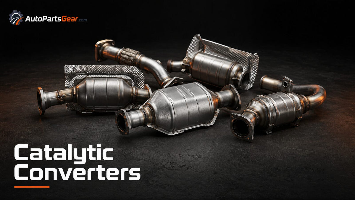Unbranded automotive catalytic converters replacement parts on a dark studio background