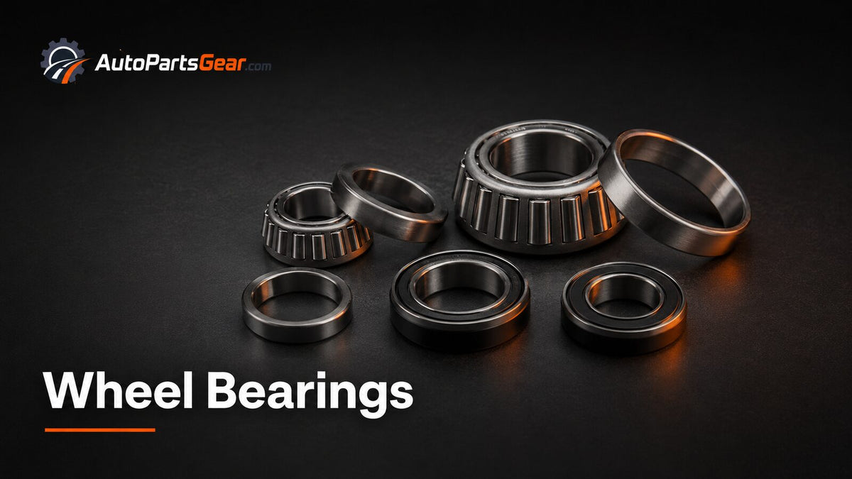 Unbranded automotive wheel bearings replacement parts arranged on a dark studio background