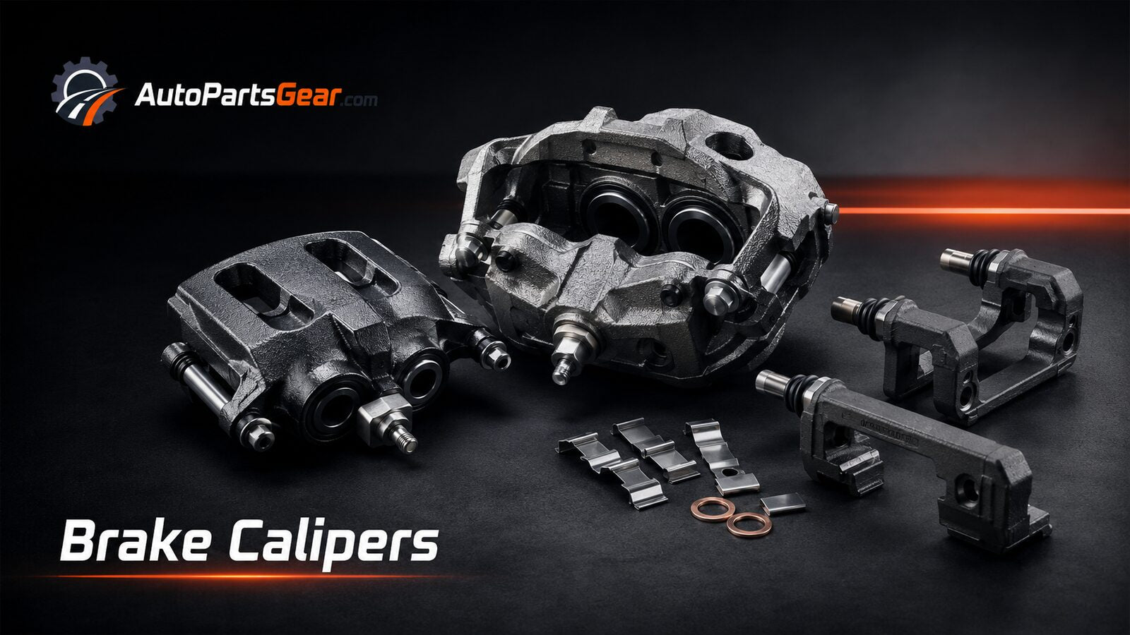 Automotive brake calipers, brackets and mounting hardware