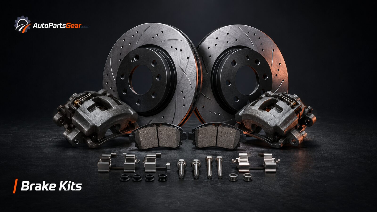Complete automotive brake kit with rotors, calipers, pads and hardware