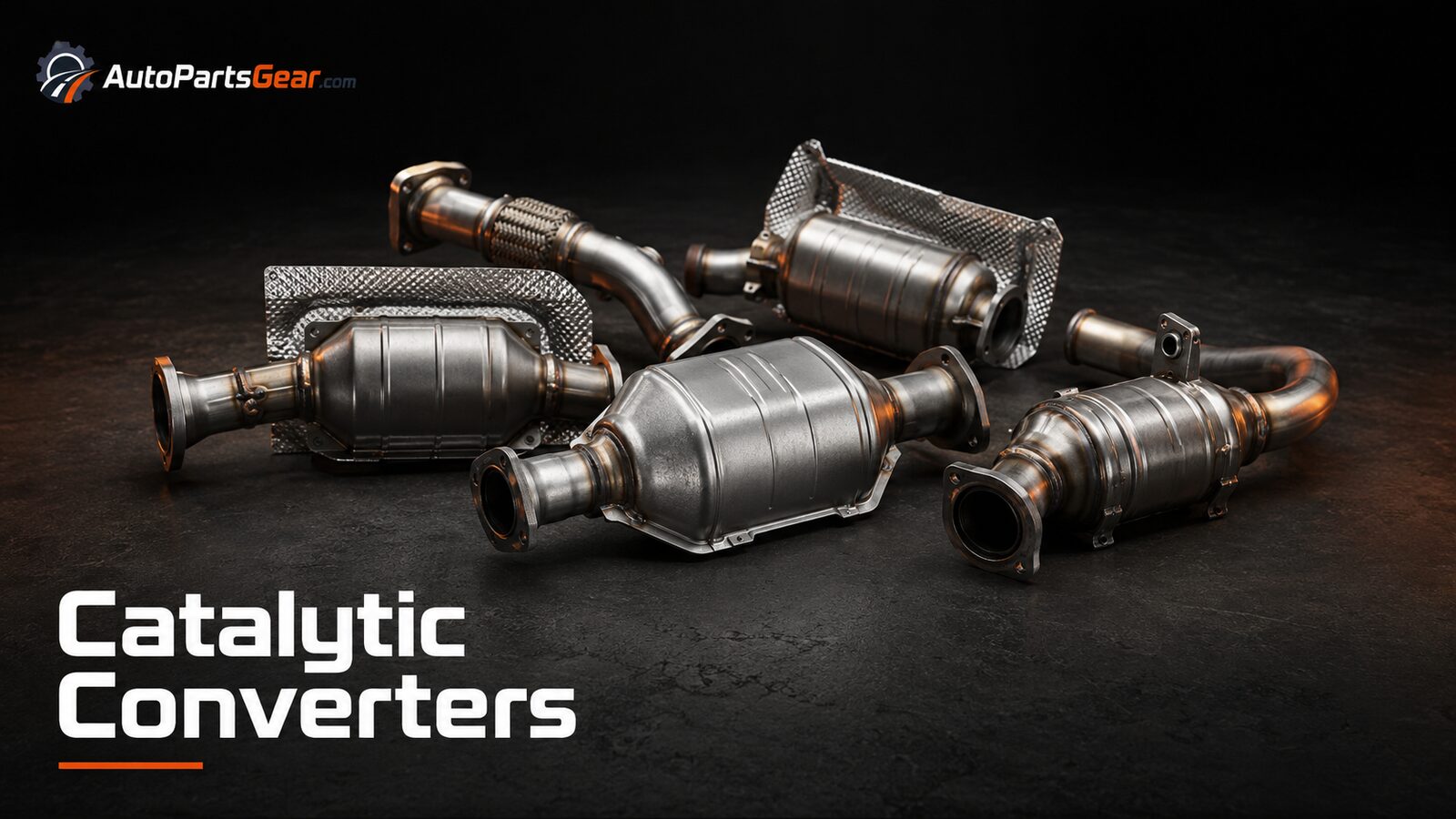 Unbranded automotive catalytic converters replacement parts on a dark studio background
