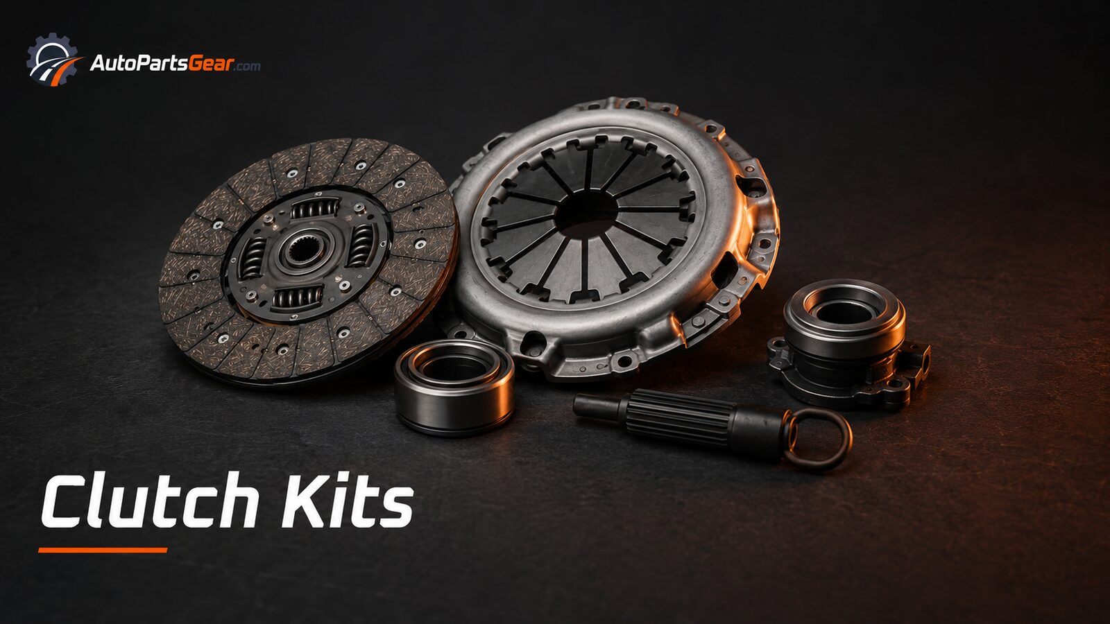 Unbranded automotive clutch kits replacement parts arranged on a dark studio background