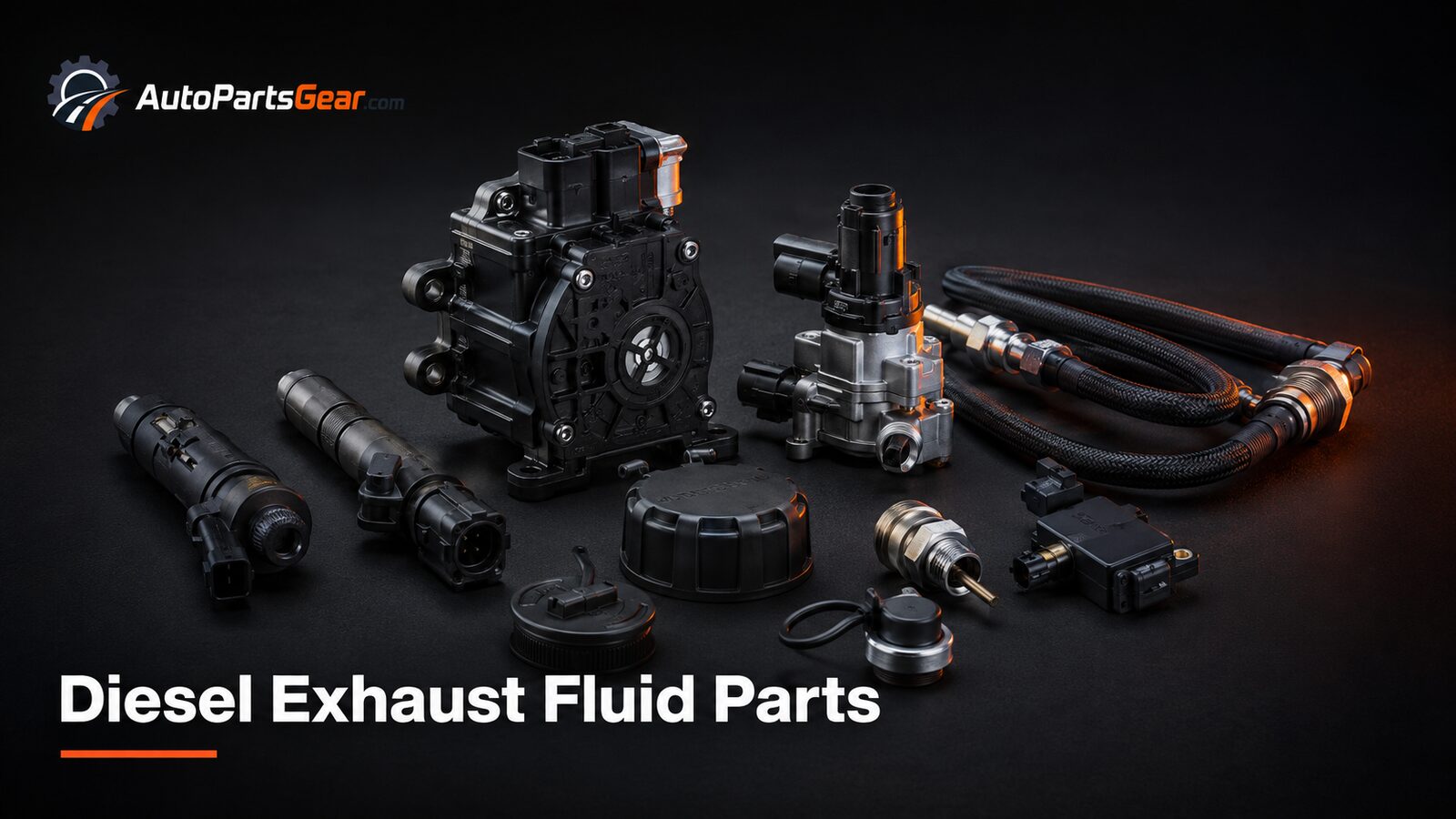 Unbranded automotive diesel exhaust fluid parts replacement parts on a dark studio background