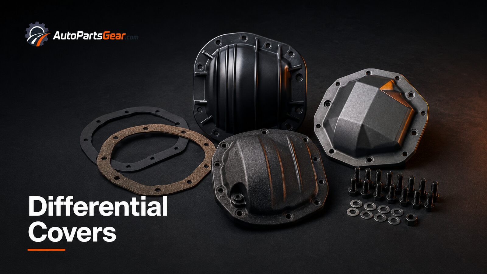 Unbranded automotive differential covers replacement parts arranged on a dark studio background