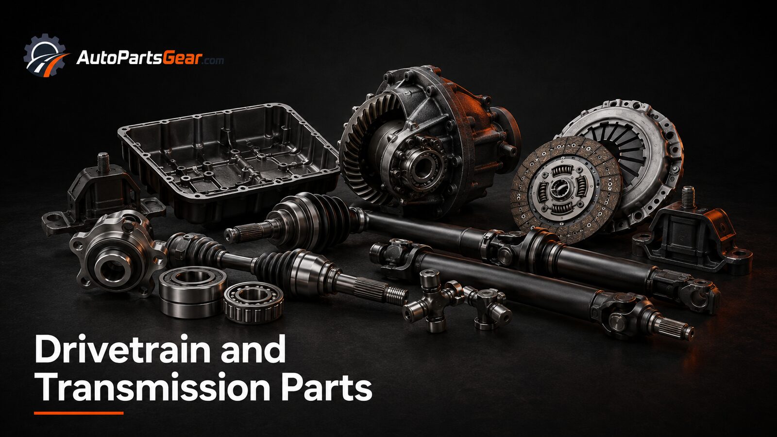 Unbranded automotive drivetrain and transmission parts replacement parts arranged on a dark studio background