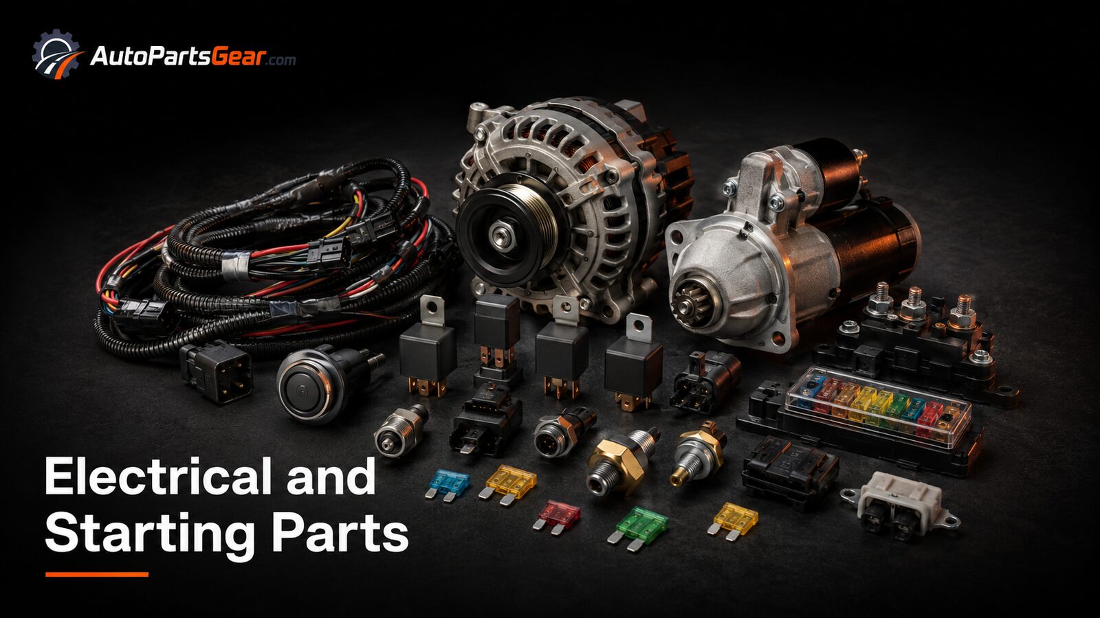 Automotive electrical and starting parts including alternator, starter, wiring, relays and fuses
