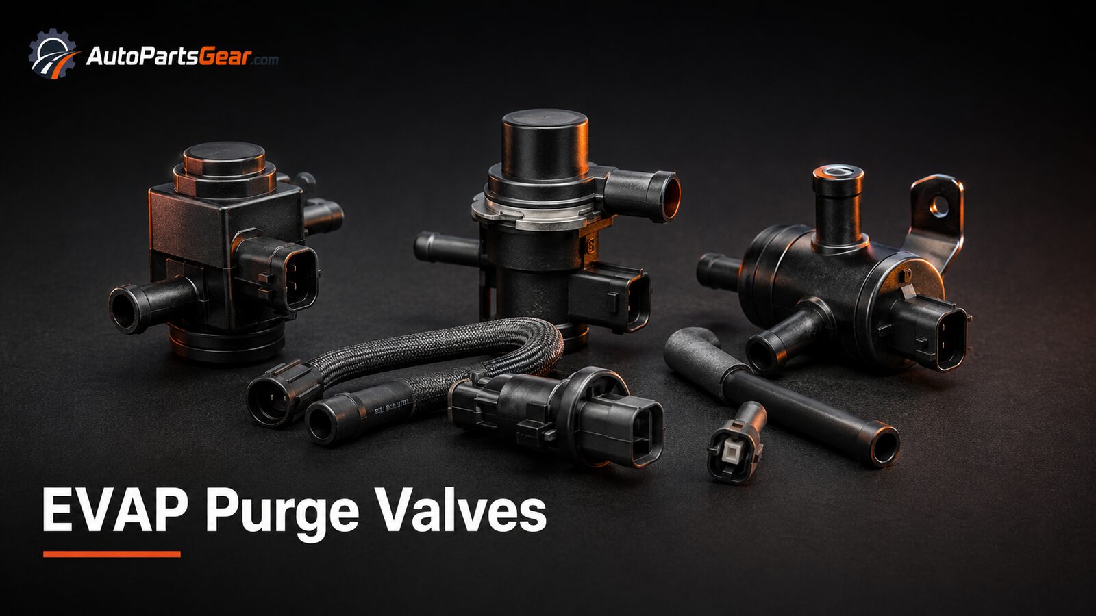 Unbranded automotive evap purge valves replacement parts on a dark studio background