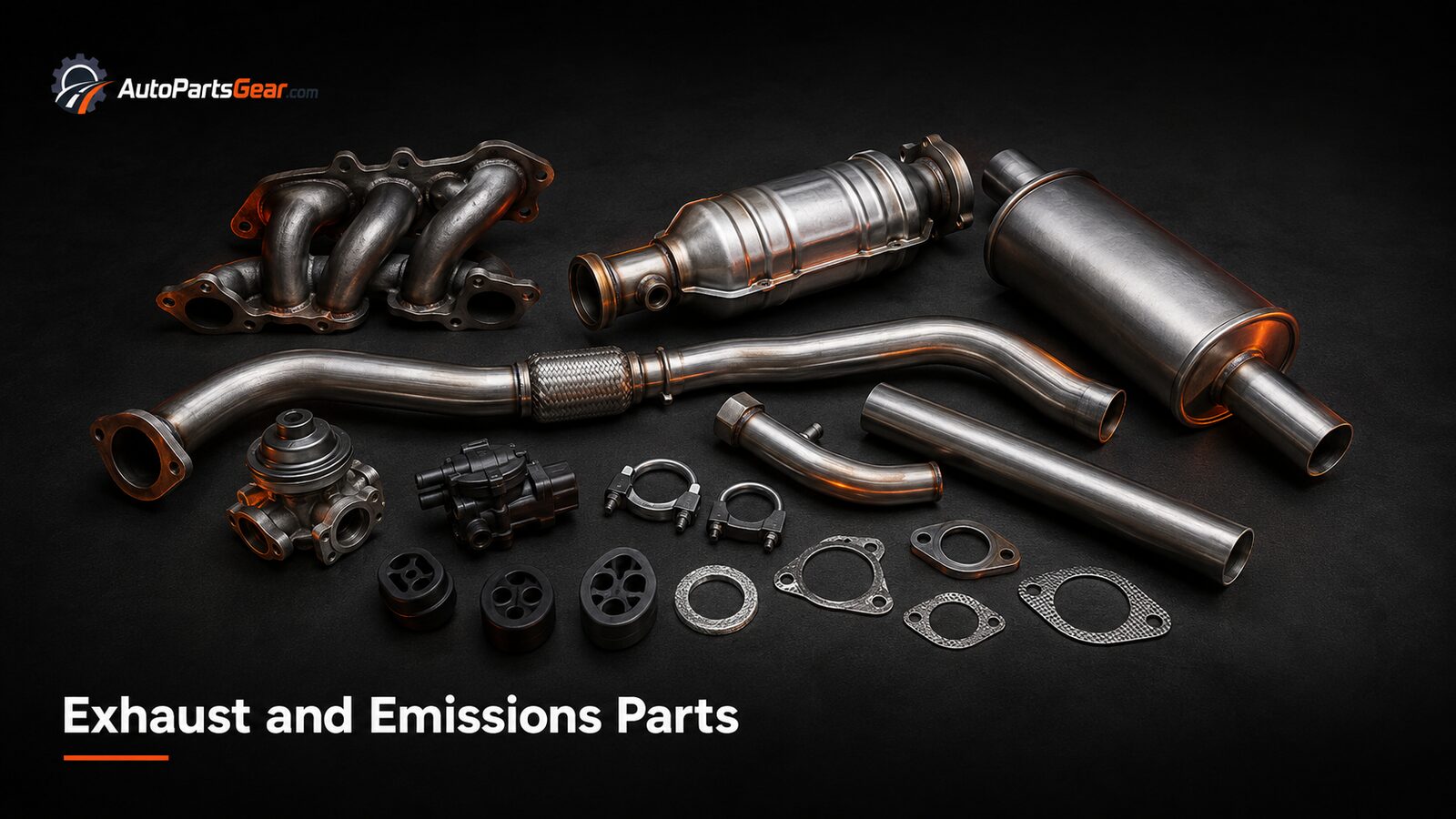 Unbranded automotive exhaust and emissions parts replacement parts on a dark studio background