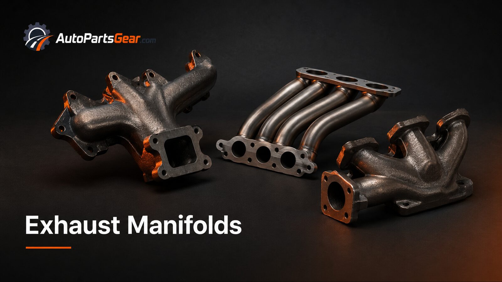 Unbranded automotive exhaust manifolds replacement parts on a dark studio background