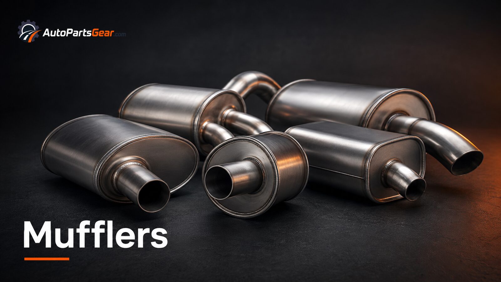 Unbranded automotive mufflers replacement parts on a dark studio background