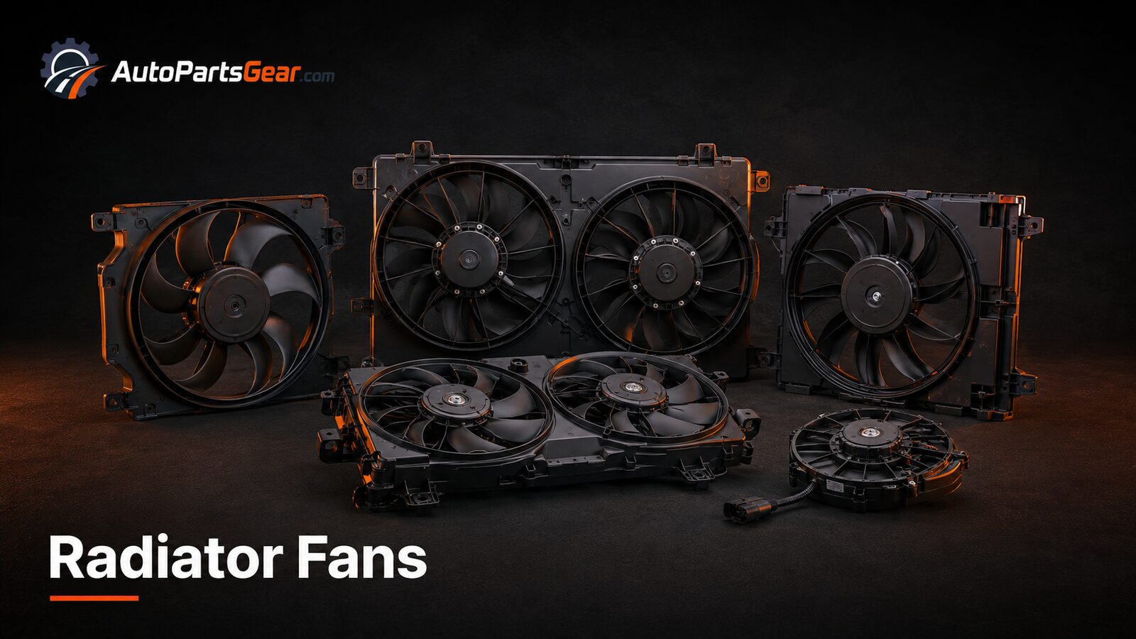Electric automotive radiator cooling fan assemblies and shrouds