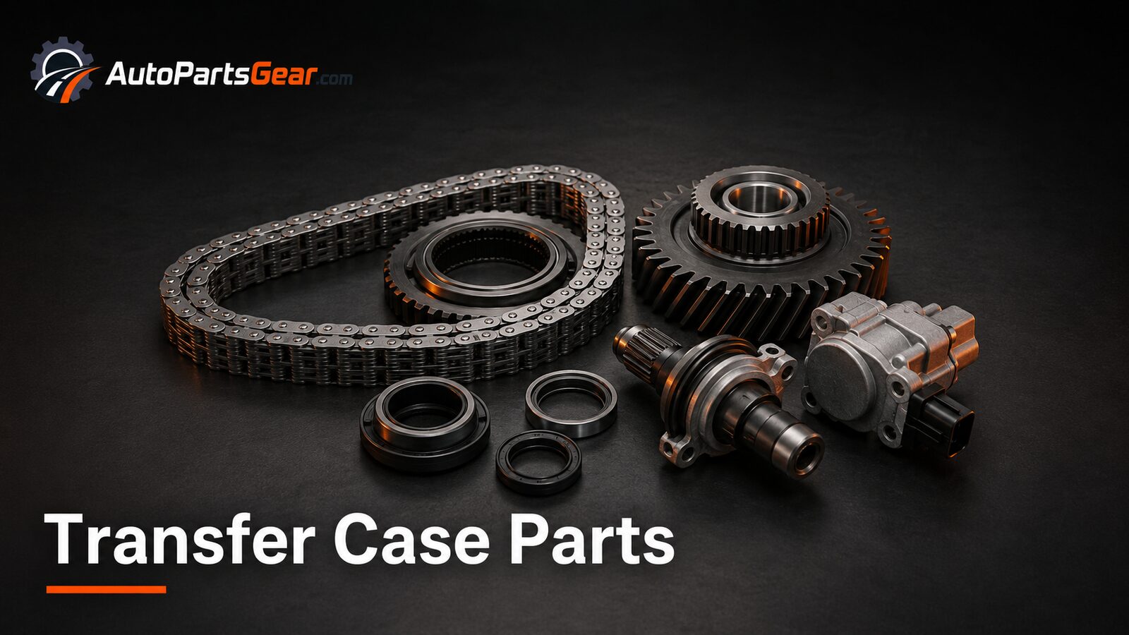 Unbranded automotive transfer case parts replacement parts arranged on a dark studio background