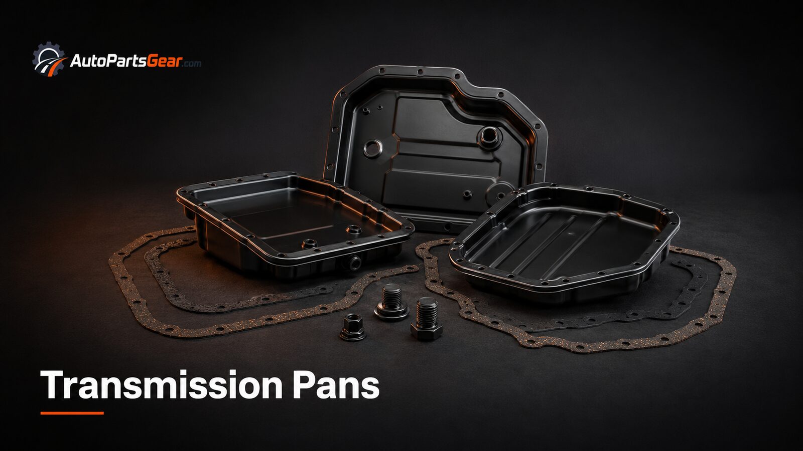 Unbranded automotive transmission pans replacement parts arranged on a dark studio background