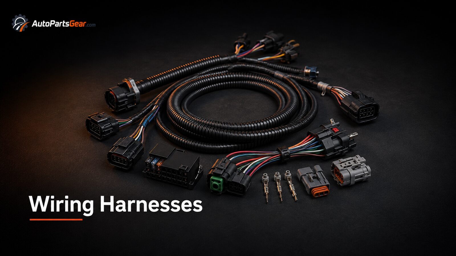 Automotive replacement wiring harnesses, connectors and protected looms