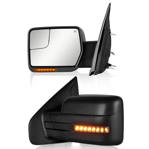 Side Mirrors Ford F150 2004-2014 Towing Mirror with Dynamic Turn Signal Light Power Glass Puddle Lamp Heated Manual Folding Pair Set, Black