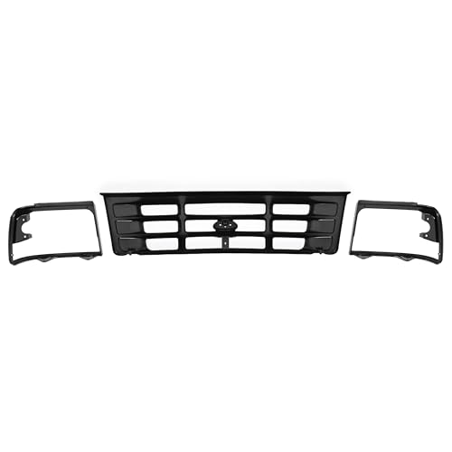 KUAFU 3Pcs Grille & Headlight Bezel Compatible with 1992-1997 Ford Bronco F-150 F-250 F-350 HD Replacement for FO1200172 FO2512131 FO2513135 Front Bumper Grill ABS Plastic Black