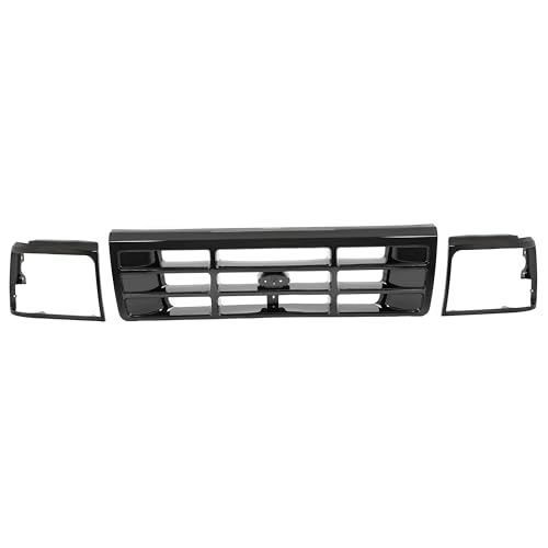 KUAFU 3Pcs Grille & Headlight Bezel Compatible with 1992-1997 Ford Bronco F-150 F-250 F-350 HD Replacement for FO1200172 FO2512131 FO2513135 Front Bumper Grill ABS Plastic Black