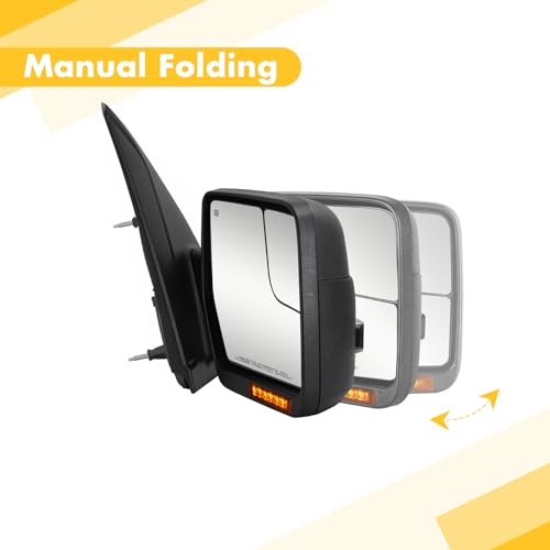 Side Mirrors Ford F150 2004-2014 Towing Mirror with Dynamic Turn Signal Light Power Glass Puddle Lamp Heated Manual Folding Pair Set, Black