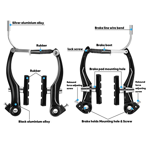 Hmseng V-Type Bike Brake Set, Complete Universal Bike Front and Rear MTB Brake, Bicycle Brakes, Inner and Outer Cables, Include Brakes Lever Calipers Multi-Tool Wrenches-Black