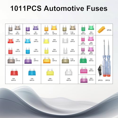 Nayoto 1011-Piece Universal Zinc Flake Car Fuse Set - 410 Standard, 410 Mini & 185 Micro Fuses (2A-40A), with 2 Removal Tools, 2 Testers & 2 Clips - Compatible with Cars, Trucks, RVs, Boats etc.