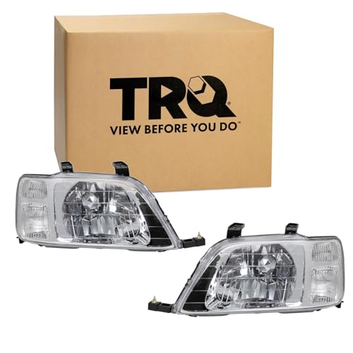 TRQ 2 Piece Headlight Assembly Set Chrome Bezel Driver & Passenger Side Halogen for Honda CR-V 1997-2001 33101S10A01 33151S10A01