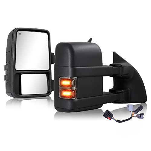 Tow Mirrors Compatible With 1999-2016 Ford F250 F350 F450 F550 Super Duty Truck Power Heated Manual telescoping&folding Pair LED Turn Signal Smoke