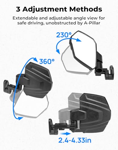KEMIMOTO Large Side Mirrors A-pillar UTV Mirror Compatible with Polaris Ranger XP 1000/ Crew XP 1000 2018-2026, CFMOTO UFORCE U10, Extension Adjustable Side Mirrors Mounted on ROPS bar