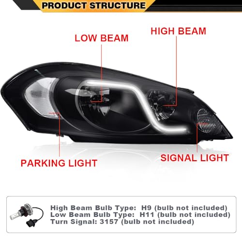 CNNELL LED Headlights Assembly Compatible with Chevy Impala 2006 2007 2008 2009 2010 2011 2012 2013, Compatible with Chevy Impala Limited 2014 2015 2016 2pc(B Smoky lens Black Housing Clear Reflector)