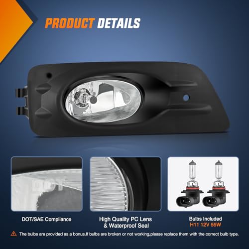 Nilight Fog Lights Assembly Compatible with 2006 2007 Honda Accord Sedan 4 Door w/H11 12V 55W Bulbs Clear Lens Driver and Passenger Side