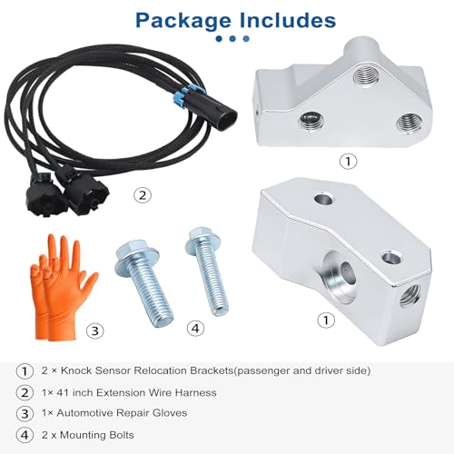 LS Gen 3 Knock Sensor Relocation Brackets with 41 Inch Extension Wire Harness Kit for 1997-2007 GM Gen III LS V8 Engines LS1 LM7 LR4 LQ4 LS6 L59 LQ9 LM4 L33 Aluminum