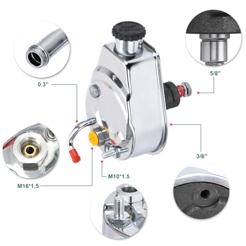PTNHZ Saginaw Power Steering Pump P Series 5/8" Keyway Pulley Shaft Chrome Street/Hot Rod Reservoir Gearbox Relacement For 66-74 GM Chevy Chevrolet