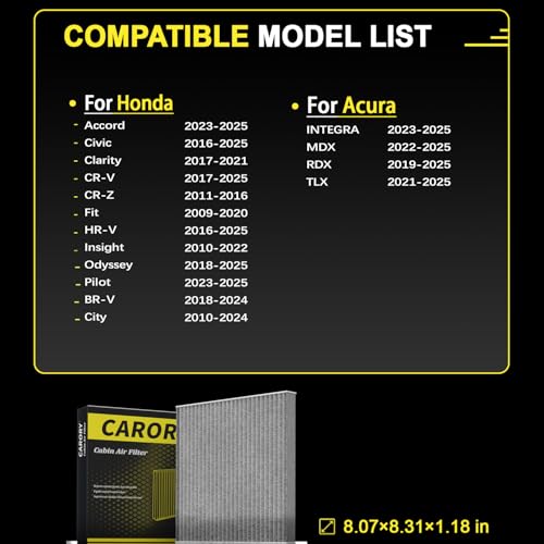 Cabin Air Filter w/Activated Carbon for Honda 2017–2025 CR-V, 2016–2025 Civic, 2009–2020 Fit, 2016–2025 HR-V, 2018–2025 Odyssey, 2010–2022 Insight, 2019–2025 RDX, 2022–2025 MDX, and More, CF182