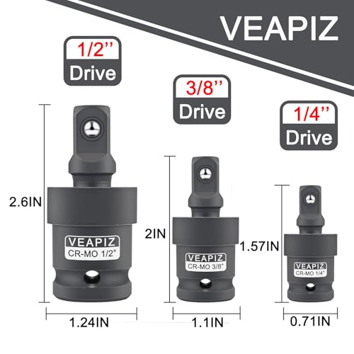 VEAPIZ 3Pcs Impact Universal Joint Socket Swivel Set， 1/4", 3/8", 1/2" Drive Socket Extension Set， Cr-Mo Steel Universal Joint Adapter