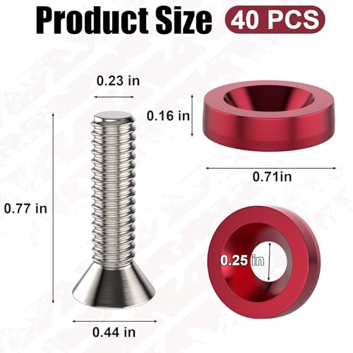 Sixzoo 40 PCS Engine Dress Up Kit, CNC Finishing Fender Bumper Washers, M6 Aluminum Engine Bay Dress Up Kit, Fender Bolts for Trunk License Plate Frame (Red)