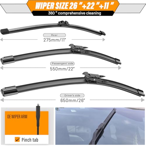 AUTOBOO 3-Pack Windshield Wiper Blades for Ford Explorer 2011-2026, Original Equipment Replacement 26"+22" Front and 11" Rear, All-Weather Performance, Easy One-Click Install