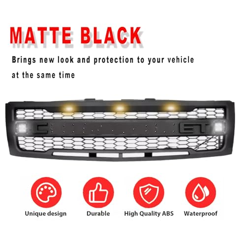BNYIUEQR Front Grille Compatible with 2007 2008 2009 2010 2011 2012 2013 Chevy Silverado 1500, Replacement Grill Mesh Style with 3 LED Lights and 2 Side Lights (Matte Black with Letters)