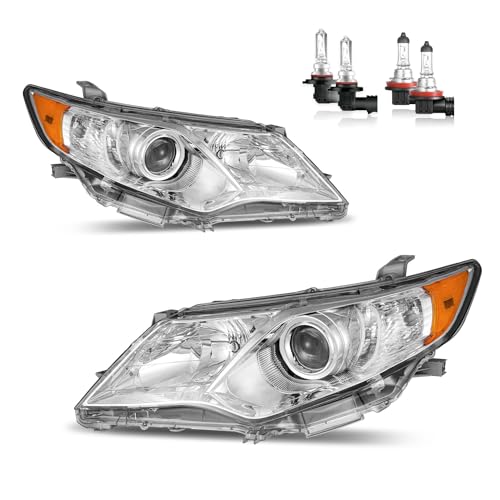 KarSpareHub Headlights for 2012 2013 2014 Toyota Camry Se/Le/Xle/Hybrid Headlamp Replacement Chrome Housing Amber Reflector Driver & Passenger Side