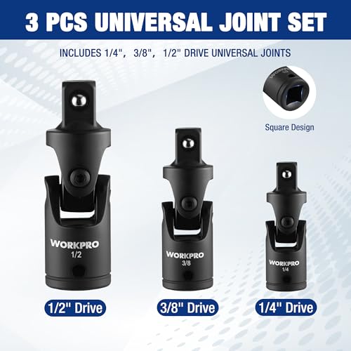 WORKPRO Universal Joint Socket Adapter Set, 3-Piece 1/4" 3/8" 1/2" Drive