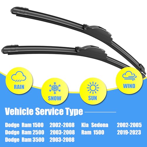 Gavimnal® 24"+24" Silicone Wiper Blades Replacement For Dodge Ram 1500 2002-2008 Ram 2500 2003-2008 Ram 3500 2003-2008 Ram 1500 2019-2025,All-Season Front Windshield Wiper Blades(Set of 2)
