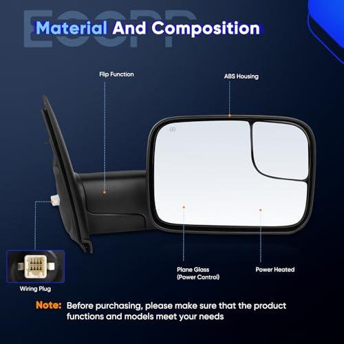 ECCPP Towing Mirrors Fit 02-08 For Dodge For Ram 1500 03-09 For Dodge For Ram 2500 3500 Pickup Truck Power Heated Tow Folding Side View Black Mirror Pair Set Right Passenger And Left Driver Side