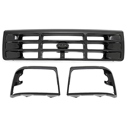 KUAFU 3Pcs Grille & Headlight Bezel Compatible with 1992-1997 Ford Bronco F-150 F-250 F-350 HD Replacement for FO1200172 FO2512131 FO2513135 Front Bumper Grill ABS Plastic Black