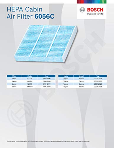 Bosch Automotive 6056C HEPA Cabin Air Filter for Lexus: ES330, GX470, RX330, RX350, RX400h; Toyota: Avalon, Camry, Celica, FJ Cruiser, Prius, Prius Plug-In, Sienna, Solara, 4Runner