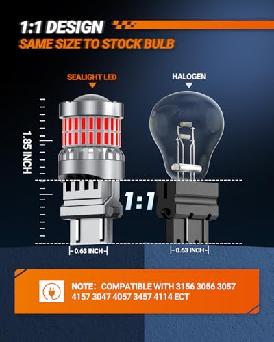 SEALIGHT Brake Light Bulbs 3157 LED Bulb Red, 700% Brighter 3156 3057 4157 4114 LED Bulb 57-SMD LED Chipset with Projector Len for Blinker Brake Light, Tail Light, Stop Parking Lights, Pack of 2