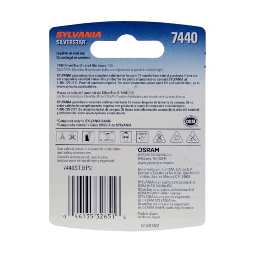 SYLVANIA - 7440 SilverStar Mini Bulb - Brighter and Whiter Light, Ideal for Daytime Running Lights (DRL) and Back-Up/Reverse Lights (Contains 2 Bulbs)