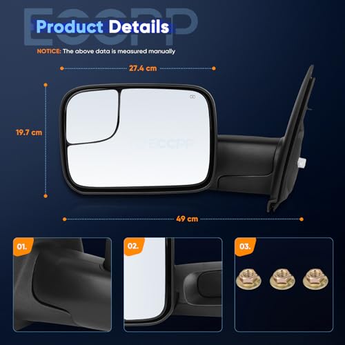 ECCPP Towing Mirrors Fit 02-08 For Dodge For Ram 1500 03-09 For Dodge For Ram 2500 3500 Pickup Truck Power Heated Tow Folding Side View Black Mirror Pair Set Right Passenger And Left Driver Side