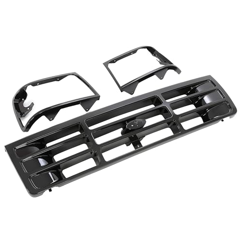 KUAFU 3Pcs Grille & Headlight Bezel Compatible with 1992-1997 Ford Bronco F-150 F-250 F-350 HD Replacement for FO1200172 FO2512131 FO2513135 Front Bumper Grill ABS Plastic Black