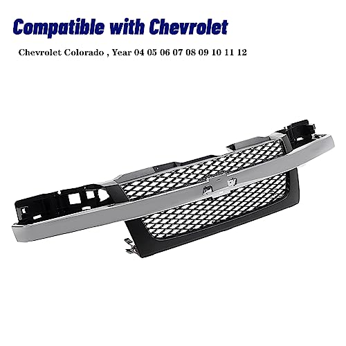 JustDrivably Front Grille Grill With Dark Gray Mesh Insert Compatible With 2004-2012 Chevrolet Colorado (With Chromed Center Molding Bar)