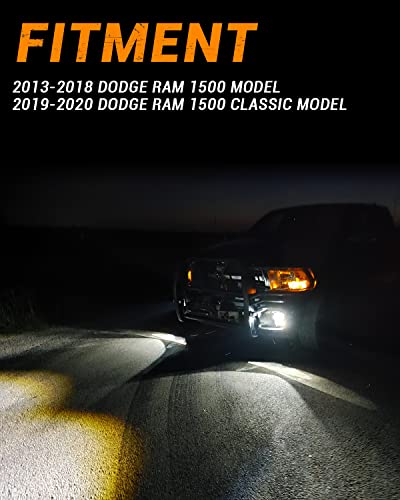 4X4FLSTC LED Fog Lights Compatible with 2013-2018 Dodge Ram 1500, 2019-2024 Classic Models 4th Gen Ram OEM Replacement Fog Lamps Kit DOT Approved Bumper Driving Lights - Black