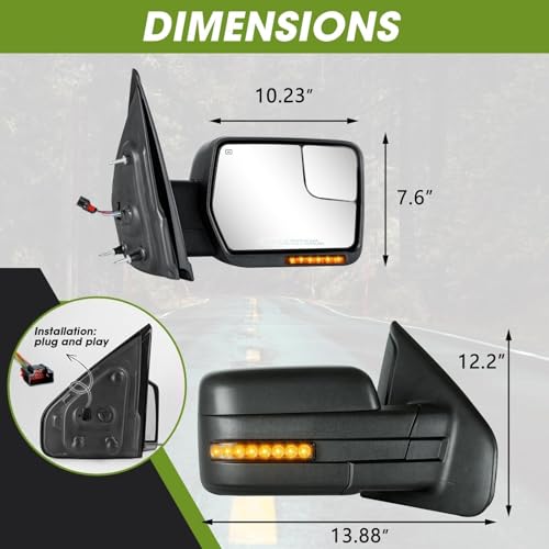 SIZIOM Side Mirrors for 2004-2014 Ford F-150 with Dynamic Turn Signal Puddle Light Heated Power Glass Manual Folding Tow Mirrors- Pair